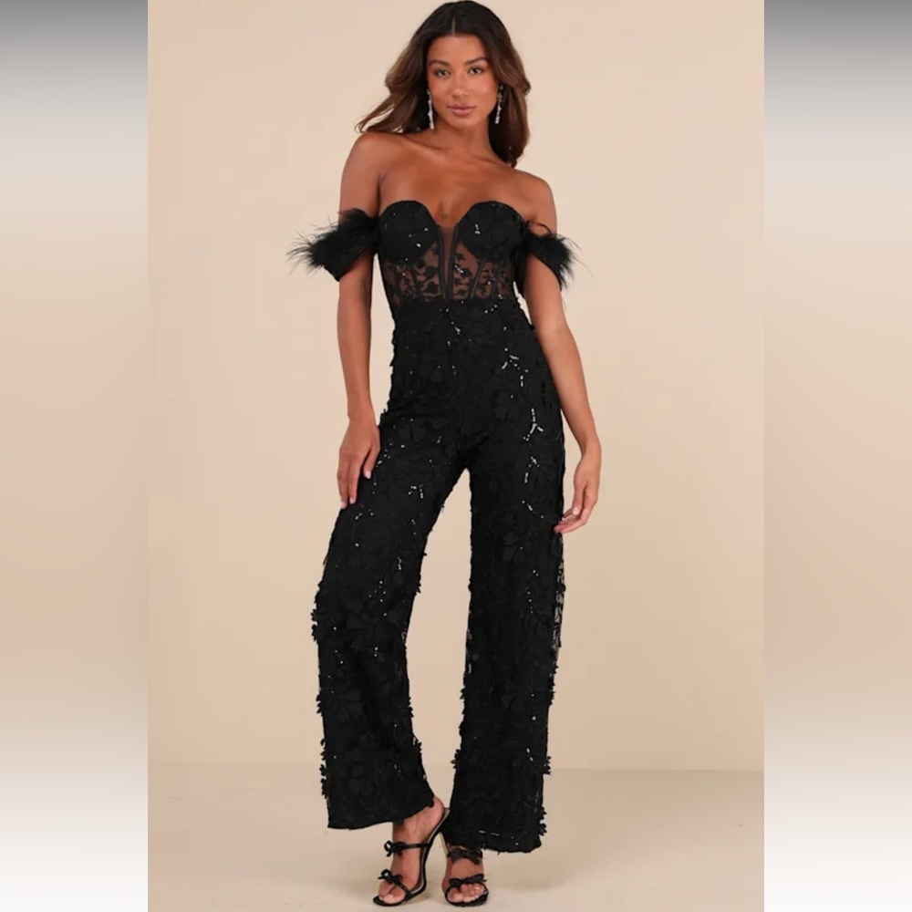 Midnight Sparkle Black Mesh Embroidered Feather Bustier Jumpsuit from Lulu’s